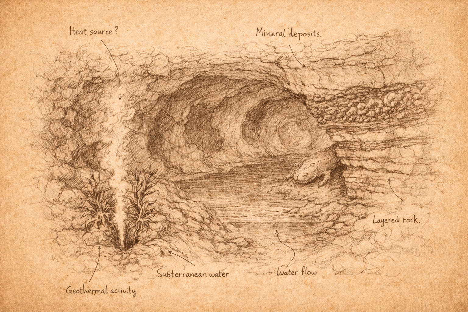 Skizzenartige Darstellung der Flora und Fauna in Subterranea mit biolumineszenten Pflanzen und an extreme Bedingungen angepasste Lebensformen.