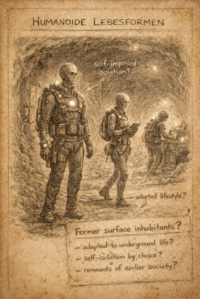 A sketch-like depiction of humanoid life forms in Subterranea, equipped with specialised gear and potentially living in organised communities beneath the earth’s surface.