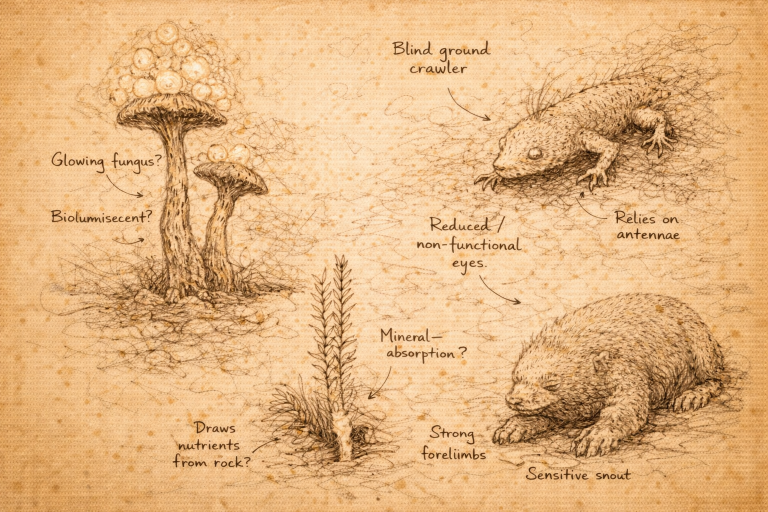 A sketch-like depiction of the flora and fauna in Subterranea, featuring bioluminescent plants and life forms adapted to extreme conditions.